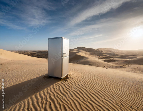 abandoned refrigerator in the desert, pollution and climate change concept