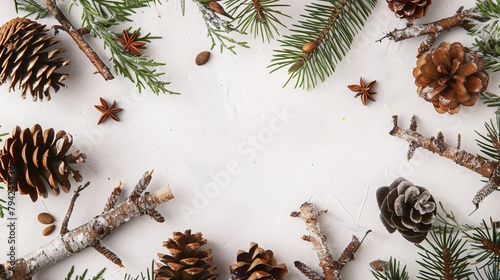 A woodland-themed Christmas background adorned with rustic pinecones
