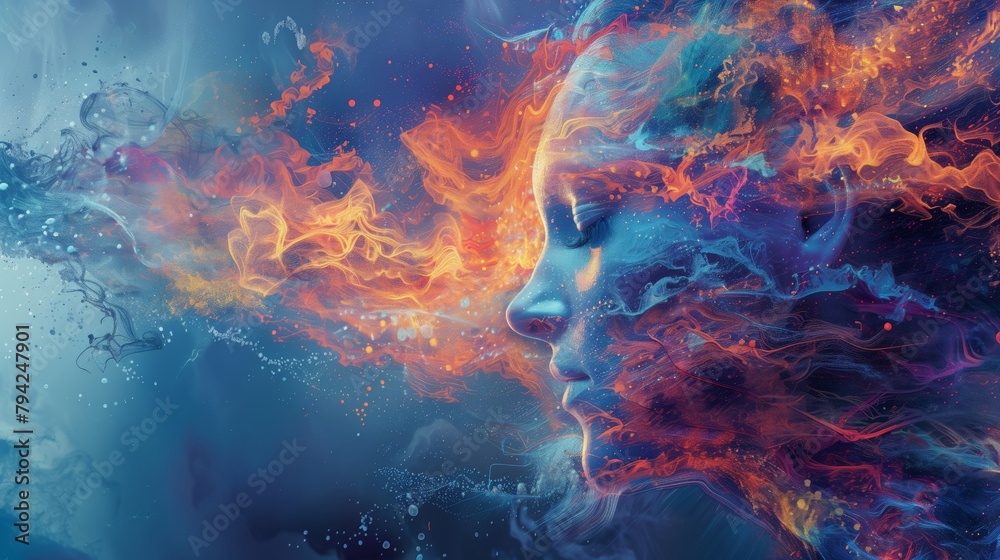 Abstract woman's face with fiery hair. Digital art with blue and orange ...