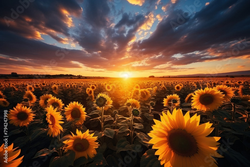 A field of sunflowers on the background of a picturesque landscape