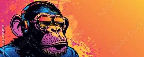 Cool monkey with headphones on vibrant background