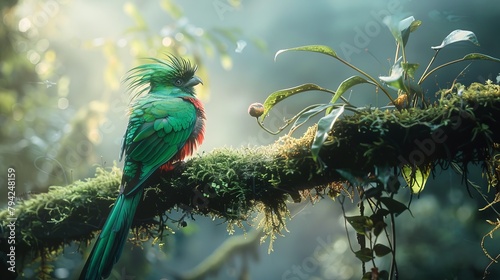 Male Resplendent Quetzal on Moss-Covered Branch