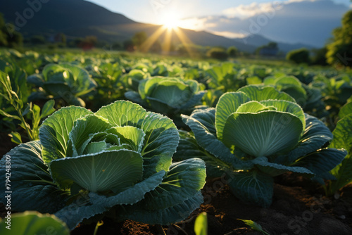 A field of cabbage on the background of a magical landscape