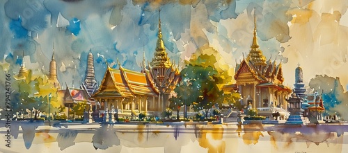 Watercolor style. Wat Phra Kaew, Emerald Buddha temple, Wat Phra Kaew is one of Bangkok's most famous tourist sites in Thailand photo