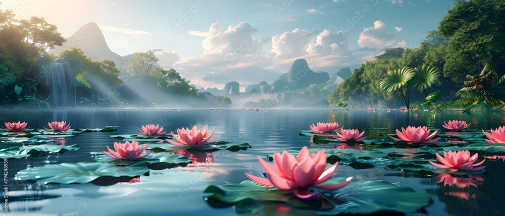 Contemporary Cartoon Featuring a Tropical Swamp with Water Lilies and Trees. Concept Contemporary Cartoon, Tropical Swamp, Water Lilies, Trees, Colorful Illustration