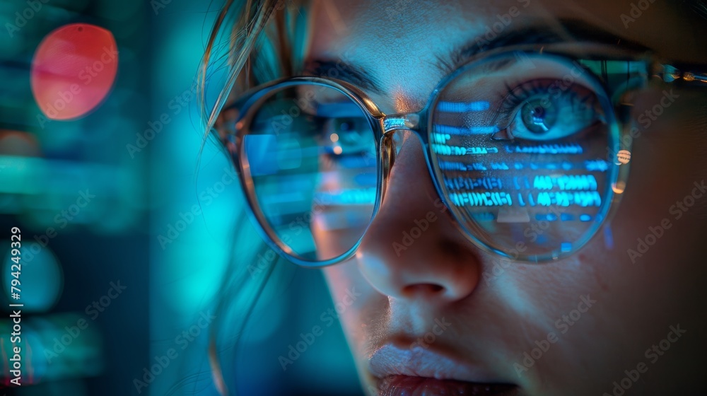 Futuristic woman with digital code reflection in glasses Futuristic woman with digital code reflection in glasses