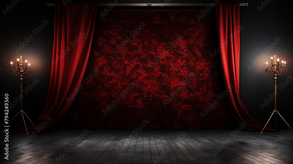 Red velvet curtains open to reveal a red patterned background. There are two candle stands on each side of the stage. - obrazy, fototapety, plakaty 