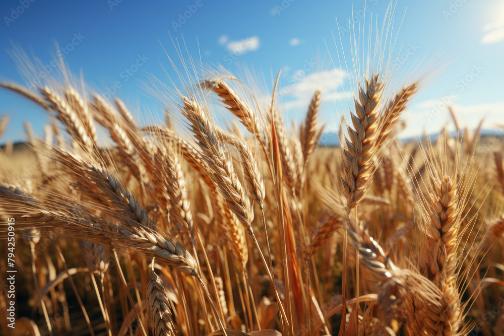 Obraz premium A field of ripe ears of wheat on the background of picturesque nature