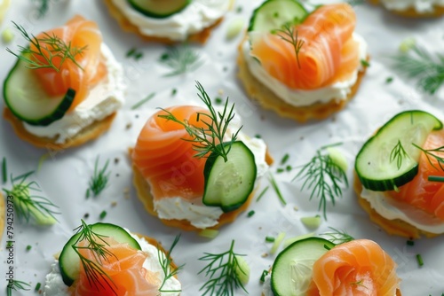 A close-up view of a plate of food with salmon and cucumbers. Suitable for food blogs or restaurant menus