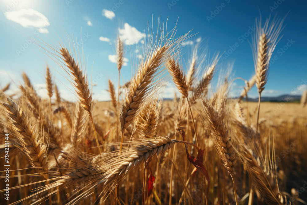 Fototapeta premium A field of ripe ears of wheat on the background of picturesque nature