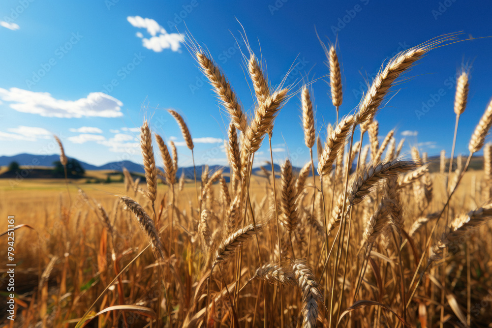 Obraz premium A field of ripe ears of wheat on the background of picturesque nature