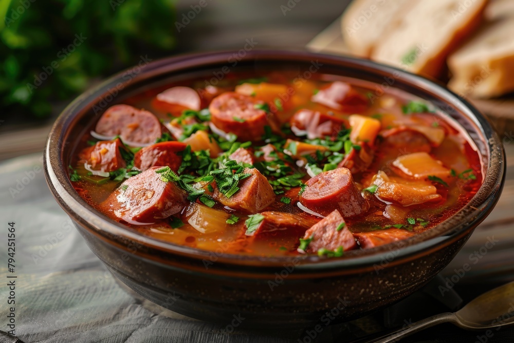 A hearty bowl of soup with meat and vegetables. Perfect for food blogs or recipe websites A hearty bowl of soup with meat and vegetables. Perfect for food blogs or recipe websites