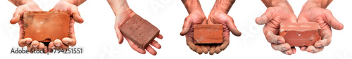 A set of builder's hands holds a brick on a white or transparent background. Close-up of a construction workers holding a red brick. Graphic design element on the theme of construction.