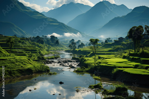 Picturesque rice fields against the background of magical nature photo