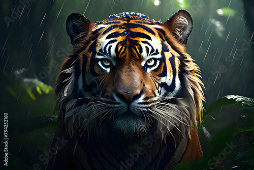Bengal tiger with mustache lies in the jungle and looks at the camera.
