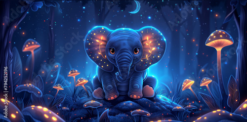  A painting of an elephant atop a rock, surrounded by a forest teeming with mushrooms
