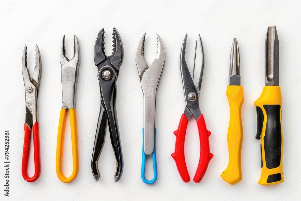 Various colored pliers arranged neatly on a white background. Perfect for DIY projects or tool-themed designs Various colored pliers arranged neatly on a white background. Perfect for DIY projects or tool-themed designs