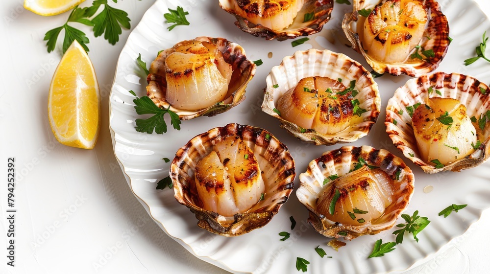 Fresh scallops served on a white plate with flavorful sauce. Perfect for restaurant menus Fresh scallops served on a white plate with flavorful sauce. Perfect for restaurant menus