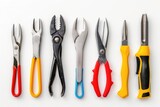 Various colored pliers arranged neatly on a white background. Perfect for DIY projects or tool-themed designs