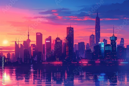 vibrant city skyline at sunset
