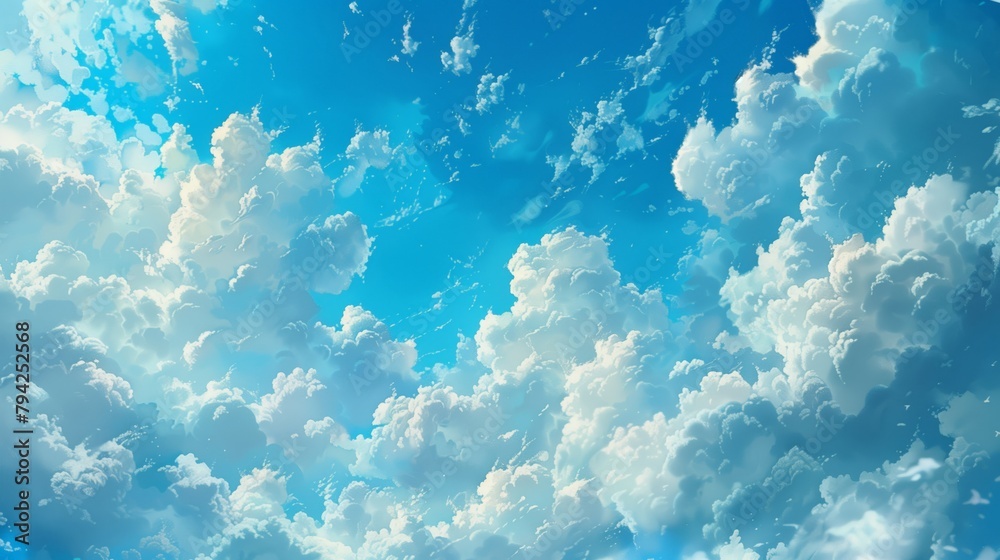 Digital art of fluffy clouds in a bright blue sky. Weather and nature concept suitable for wallpaper and atmospheric designs with copy space. Digital art of fluffy clouds in a bright blue sky. Weather and nature concept suitable for wallpaper and atmospheric designs with copy space.