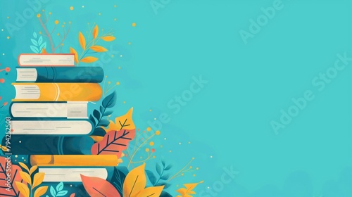 Stacked books with autumn leaves on turquoise background. Educational concept illustration with copy space for back to school and literary designs.