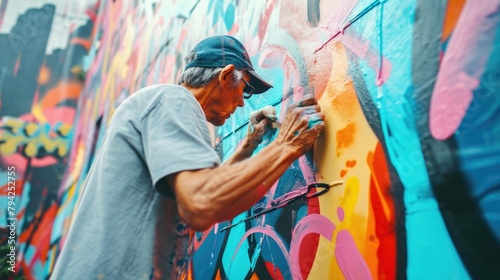 An artist painting a mural on an urban wall, colorful street art, creative expression in a city environment. Resplendent.