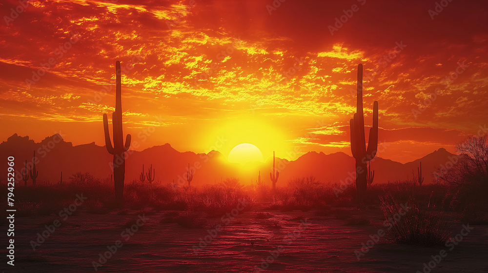 11. Sunset Silhouette: Against the backdrop of a fiery desert sunset, a silhouette of towering saguaro cacti stands in stark contrast, their iconic shapes etched against the colorf 11. Sunset Silhouette: Against the backdrop of a fiery desert sunset, a silhouette of towering saguaro cacti stands in stark contrast, their iconic shapes etched against the colorf
