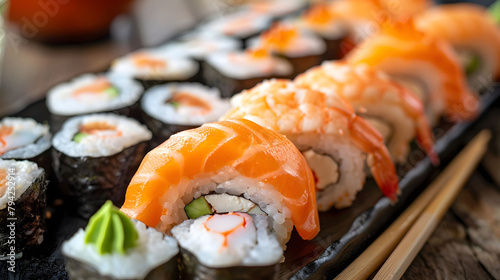 A plate of sushi with a variety of rolls, including one with shrimp