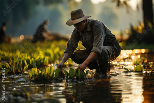 A working man is engaged in growing rice in a field in water