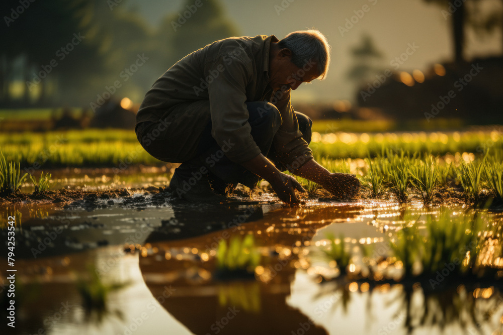 A working man is engaged in growing rice in a field in water A working man is engaged in growing rice in a field in water