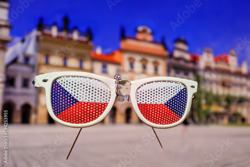 Czech Republic flag printed sunglasses on background of the Czech, close-up photo