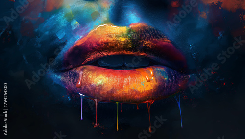  juicy female lips covered with rainbow colored lipstick, wet paint, makeup. 3d ilustration, lips rainbow painted in black background for shirt art vector illustration