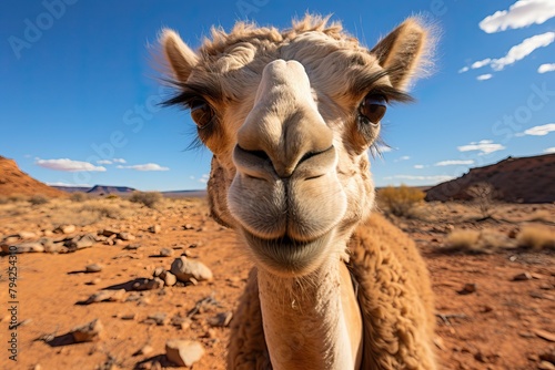 Camel looking at camera, cute and funny camel portrait. photo