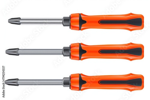 Three orange screwdrivers on a white background. Ideal for DIY and construction projects