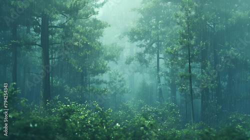 A rainy forest scene with tall trees and a soft mist, a gentle rain creating droplets on leaves, a tranquil and serene atmosphere