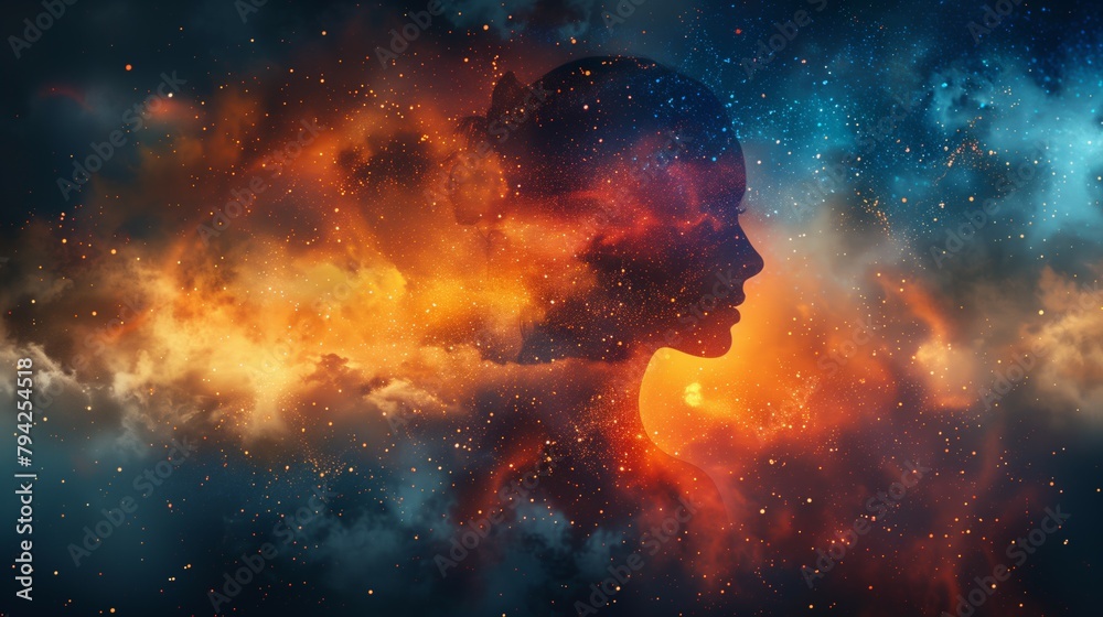 Silhouette woman head stars merging with cosmic sky universe colorful nebula - obrazy, fototapety, plakaty 