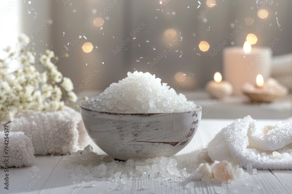 A bowl filled with white sugar next to a candle. Perfect for home decor or kitchen themed designs A bowl filled with white sugar next to a candle. Perfect for home decor or kitchen themed designs