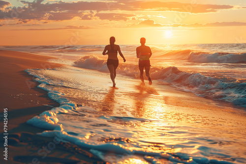 Seaside fitness: Couple jogs along the beach, enjoying the early morning sun and ocean