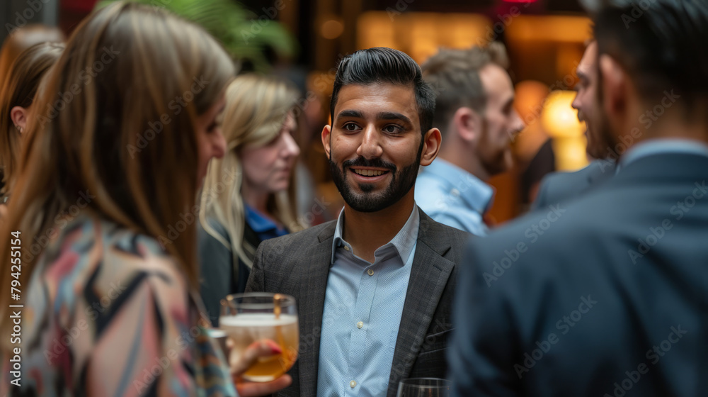 A team of business professionals at a networking event, wearing business attire, engaged in conversations with drinks in hand, a lively and social atmosphere