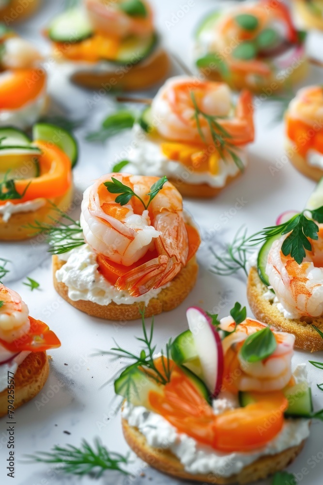 A platter of appetizers with shrimp and cucumbers. Perfect for catering events A platter of appetizers with shrimp and cucumbers. Perfect for catering events