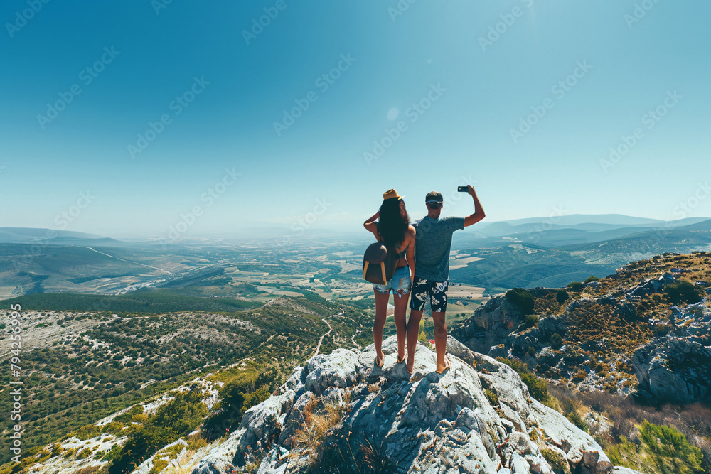 Fototapeta premium Adventure snapshot: Couple enjoys panoramic mountain views while taking selfies