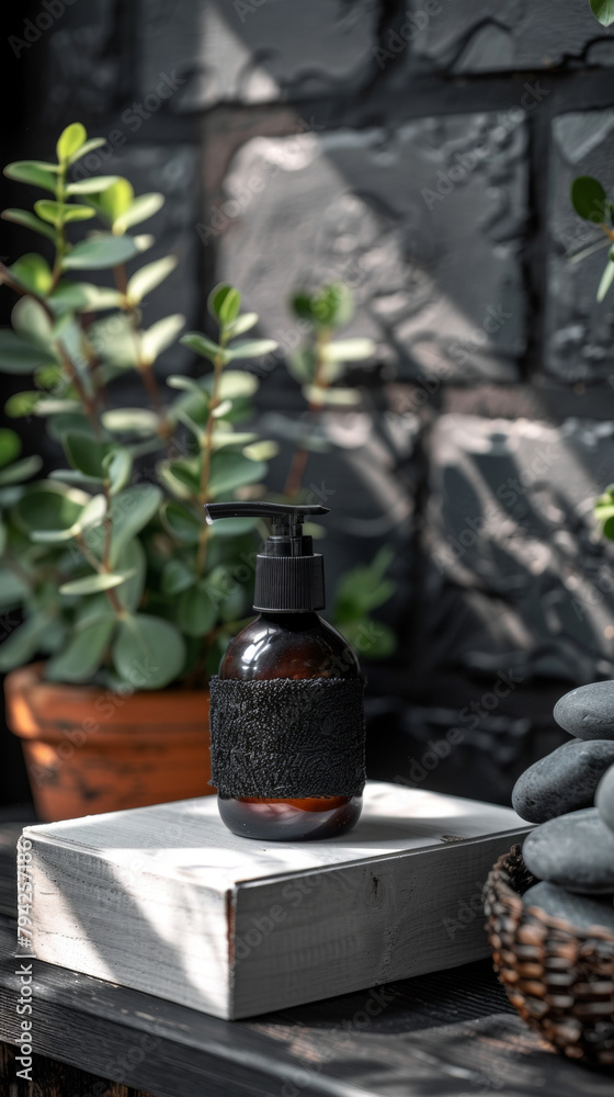 A bottle of lotion sits on a wooden box next to a potted plant. The bottle is black and has a black band around it. The scene gives off a calm and relaxing vibe
