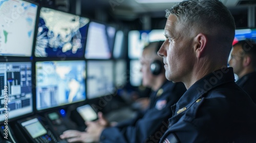 A team of officers from various agencies collaborating and sharing information in a joint maritime intelligence center demonstrating the importance of communication .