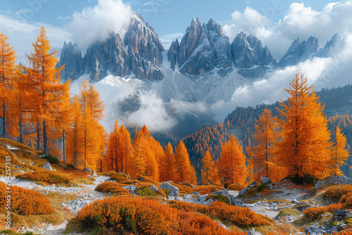 A mountain valley covered with orange larch trees. Created with Ai