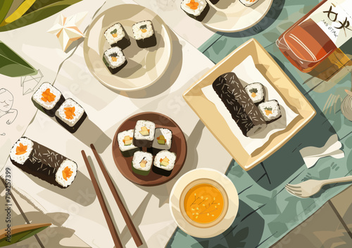 a table topped with plates of sushi and chopsticks