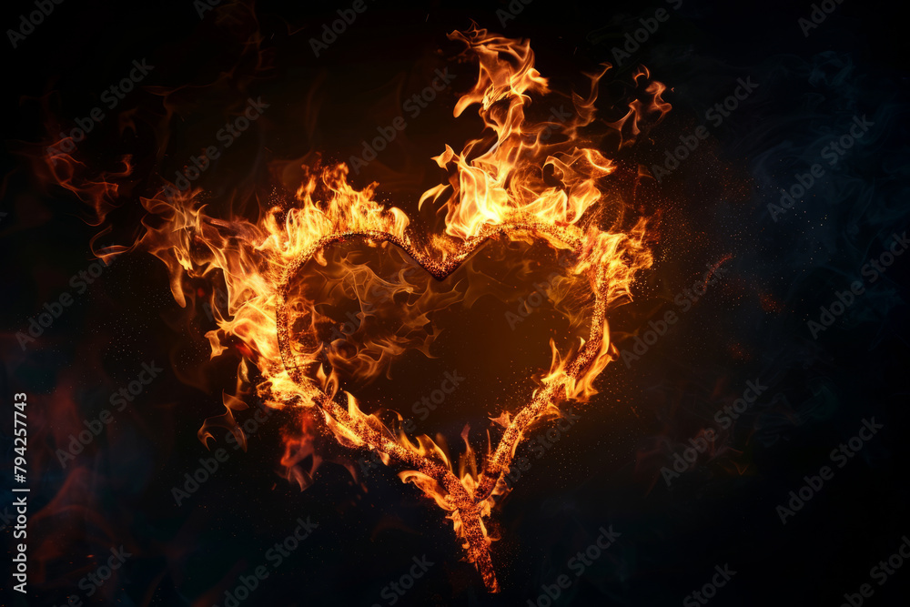 Fototapeta premium Heart shape made of fire lava Burning heart of fire in the dark OR night Flame symbol of love
