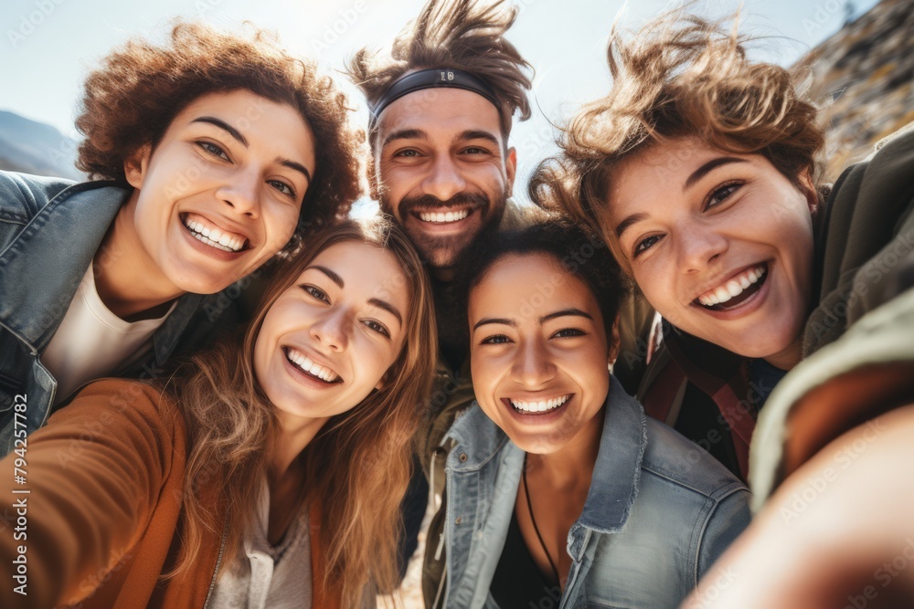 Diverse friends smiling in a group selfie outdoors Diverse friends smiling in a group selfie outdoors