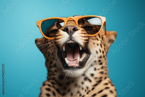 Leopard with orange sunglasses roaring on blue background