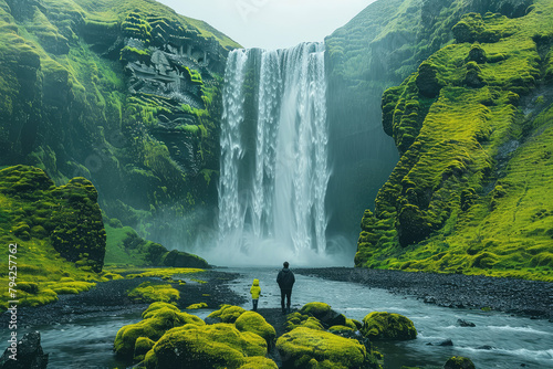 A majestic waterfall cascades down moss-covered cliffs, reflecting in the emerald waters below. Created wirh Ai